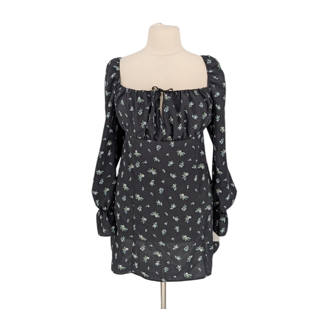 01570 NEW H&M Floral Puff Sleeve Mini Dress Black size XL preppy cottagecore